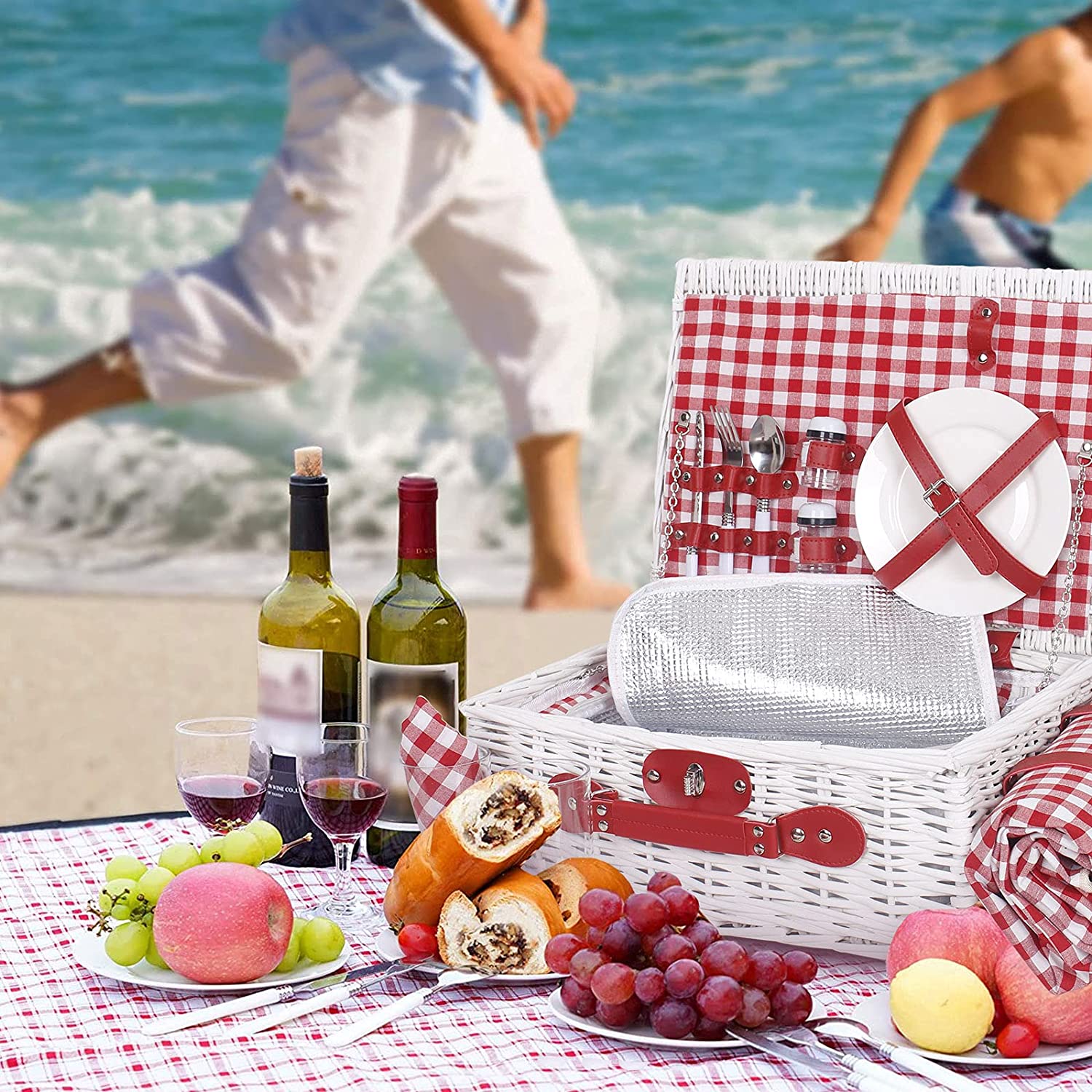 Ealing Wicker Picnic Basket for 2 Persons with Waterproof Picnic Blanket，Picnic Set for Family with Insulated Cooler Compartment Utensils，Wedding Engagement Gifts for Couples Unique (red Plaid)