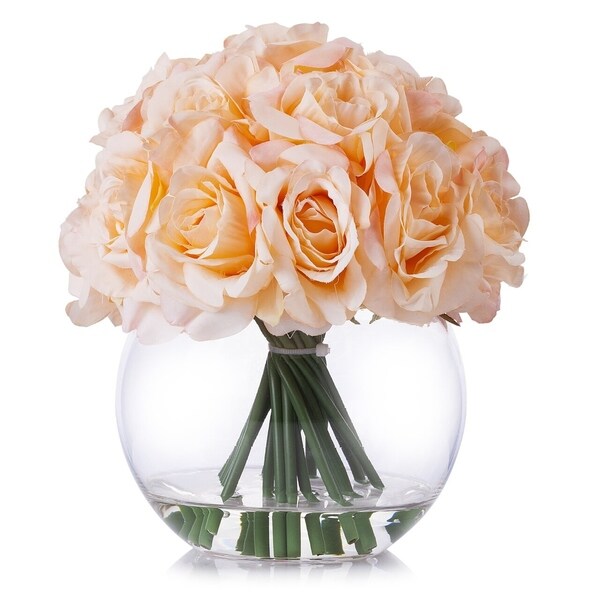 Enova Home Artificial 21 Heads Silk Roses Fake Flowers Arrangement in Round Clear Glass Vase with Faux Water for Home Decoration