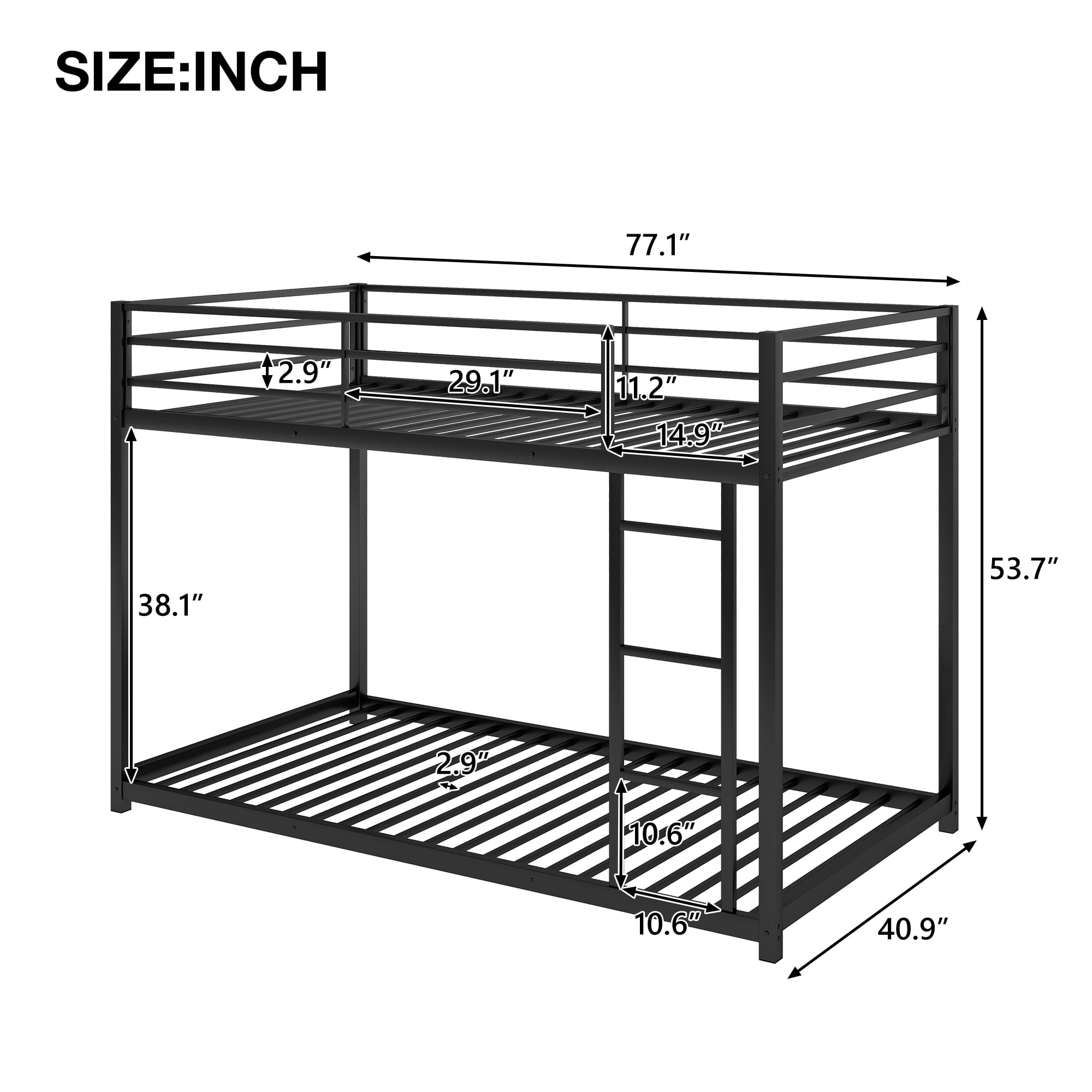 Jump Into Fun Bunk Bed, Twin over Twin Bunk Bed with 42 Sturdy Slats, Safety Guard Rail & Ladder, Metal Bunk Bed for Kids Teens, Low Bunk Bed for Boys Girls Dormitory Bedroom, Black