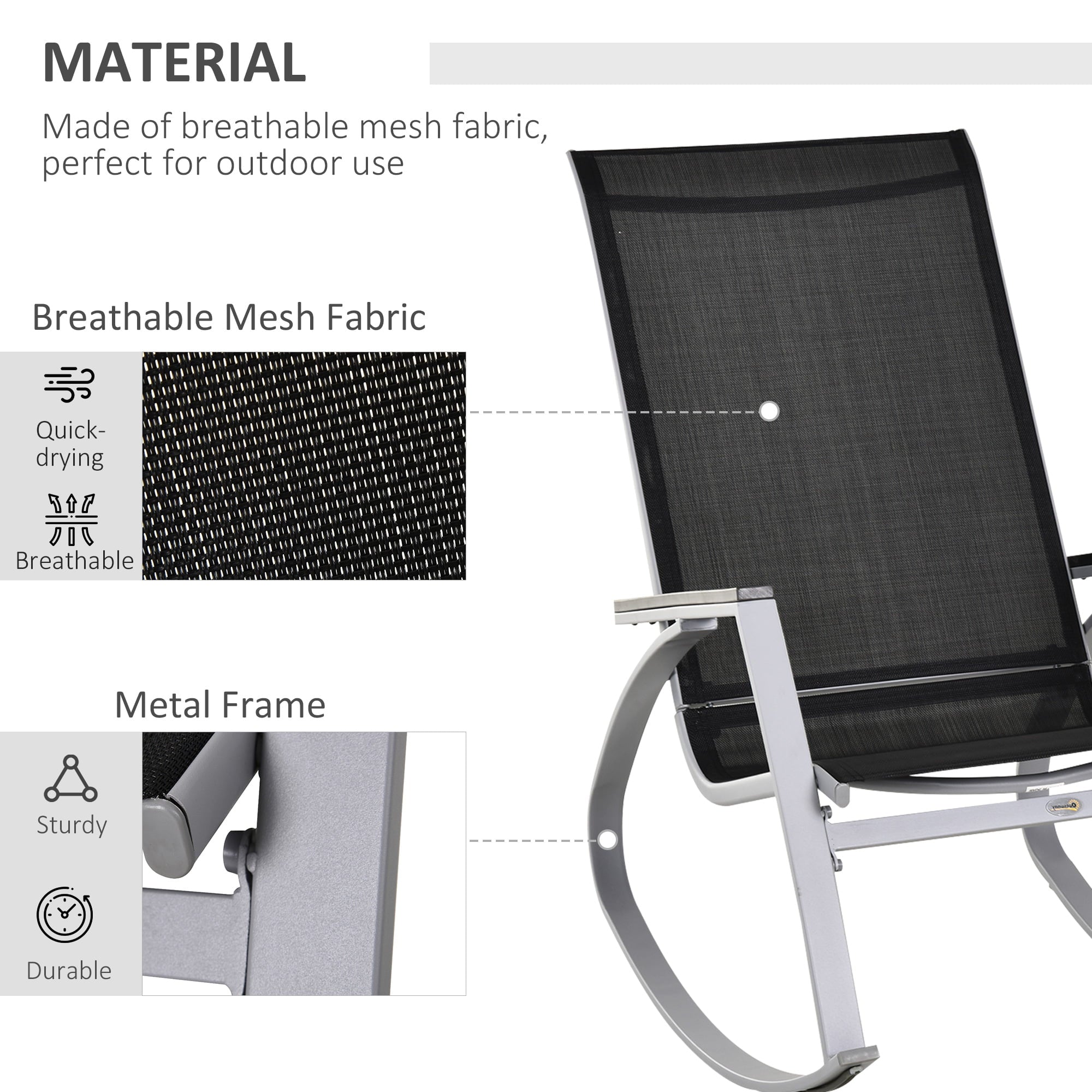 Outsunny Outdoor Modern Front Porch Patio Rocking Sling Chair - Black / Silver Steel, sling mesh, composite wood