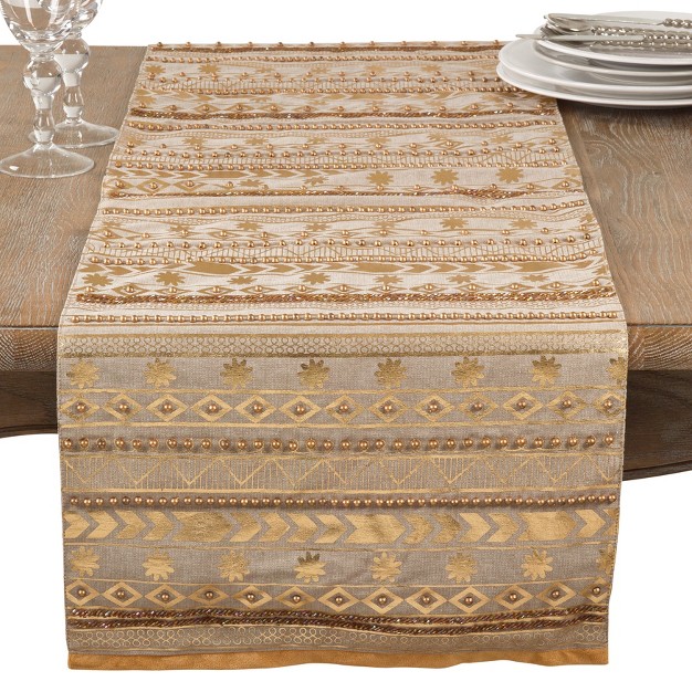 Saro Lifestyle Beaded Aztec Metallic Design Elegant Glam Cotton Table Runner 16 quot x72 quot Gold