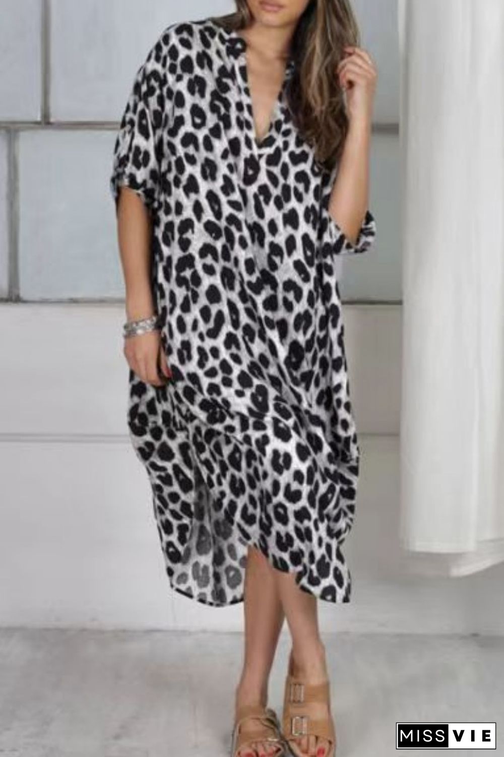 Camel Casual Print Leopard Patchwork V Neck Printed Dress Dresses