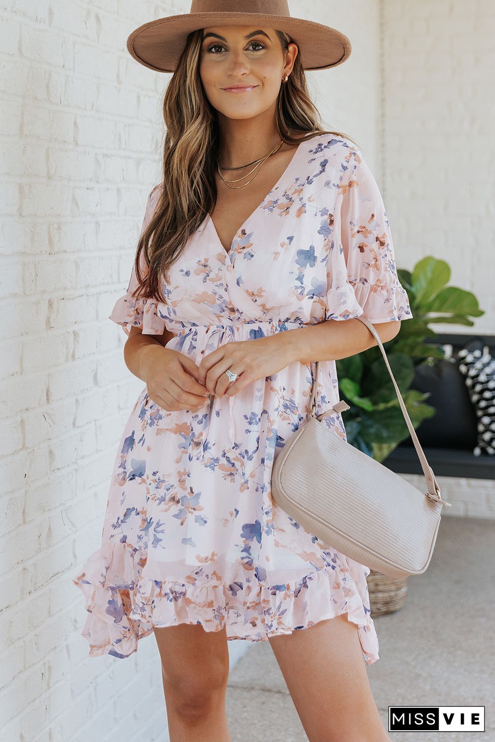 Pink Floral Print Flared Sleeve Ruffle Dress