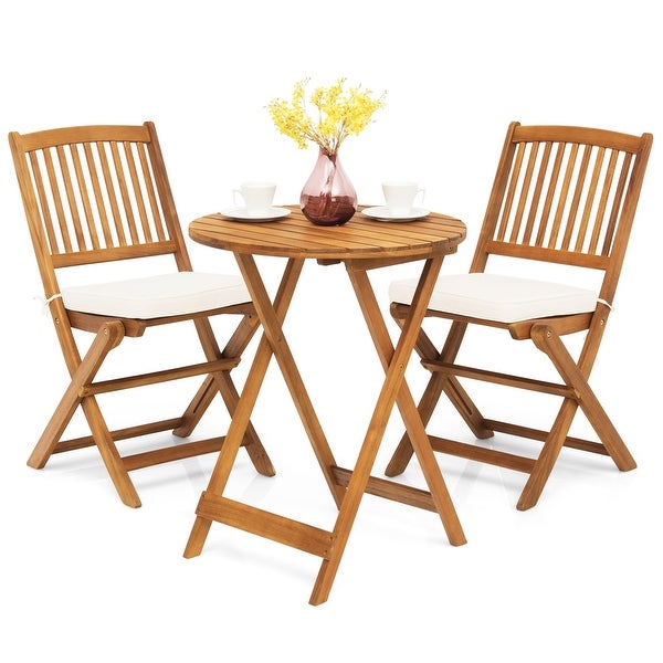 3 Pieces Acacia Wood Patio Folding Bistro Set Cushioned Chair - Overstock - 37532301