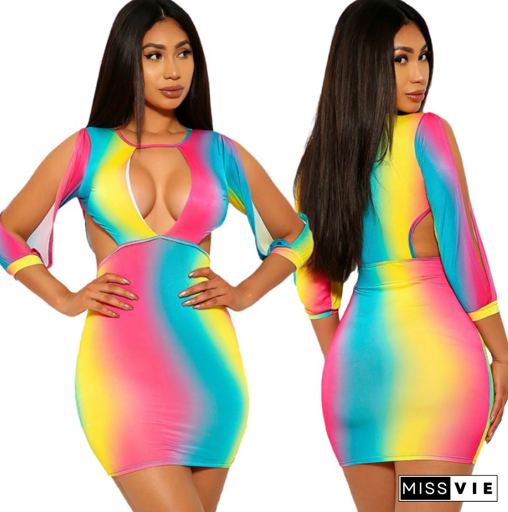 Women Sexy Gradient Patchwork Bodycon Hollow Out Long Sleeve O Neck Summer Party Mini Dresses