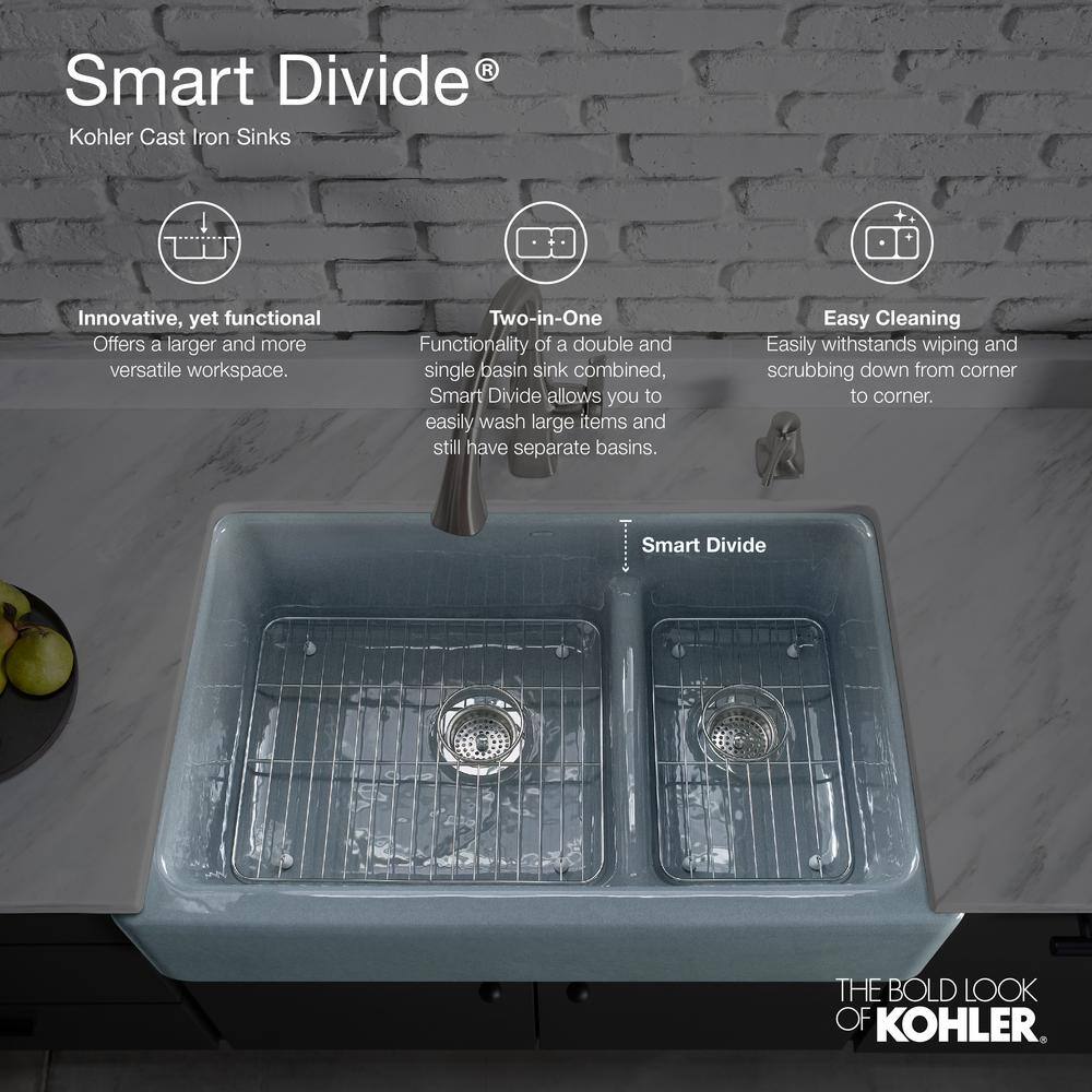 KOHLER Langlade Smart Divide Drop-In Cast-Iron 33 in. 2-Hole Double Bowl Kitchen Sink in Biscuit K-6626-2-96