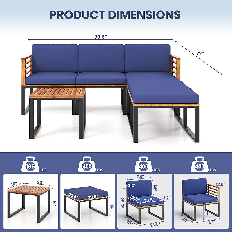 6 Piece Patio Acacia Wood Conversation Sofa Set with Ottomans and Coffee Table-Navy