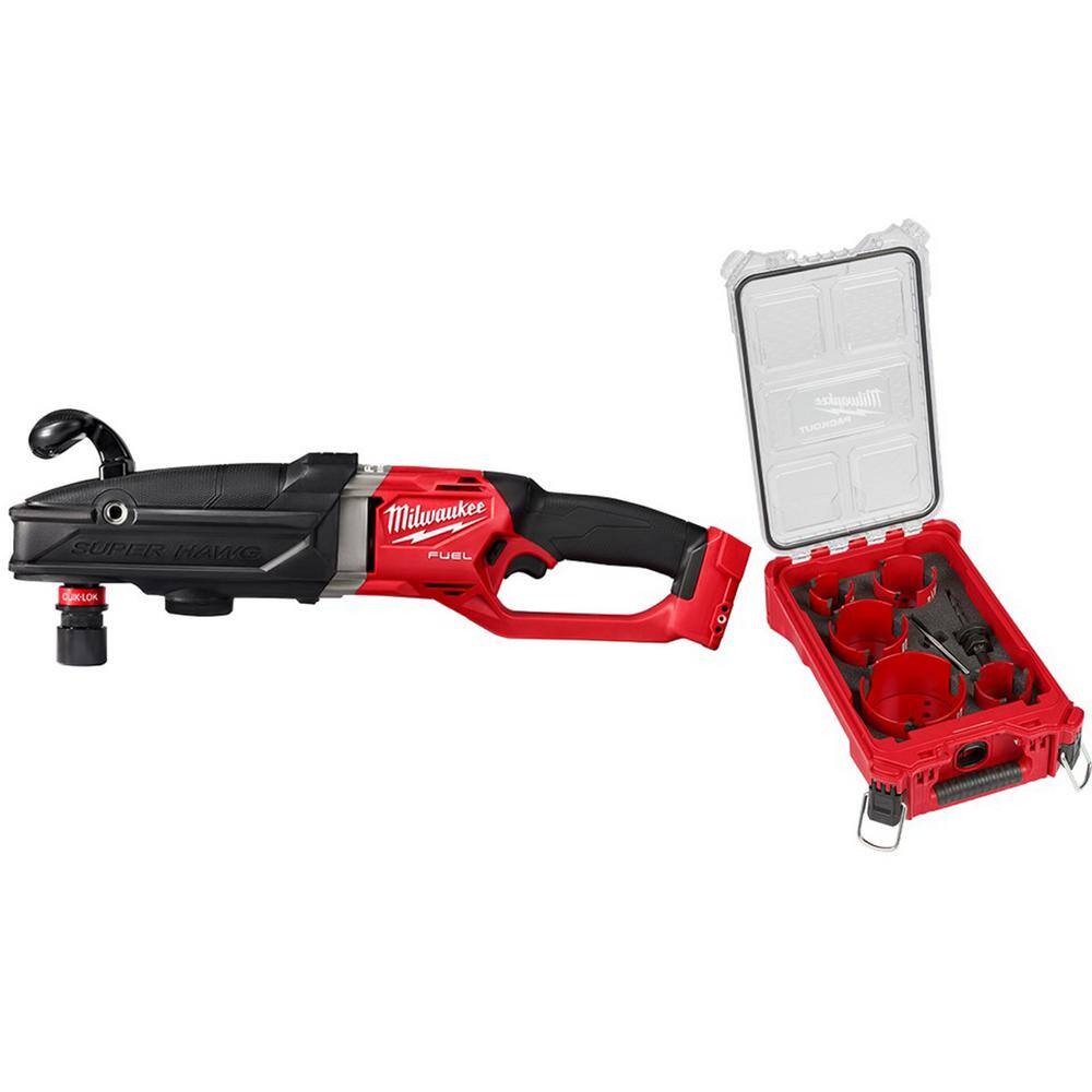 MW M18 FUEL 18-Volt Lithium-Ion Brushless Cordless GEN 2 SUPER HAWG 716 in. Right Angle Drill w9pc PACKOUT Hole Saw Kit 2811-20-49-56-9295