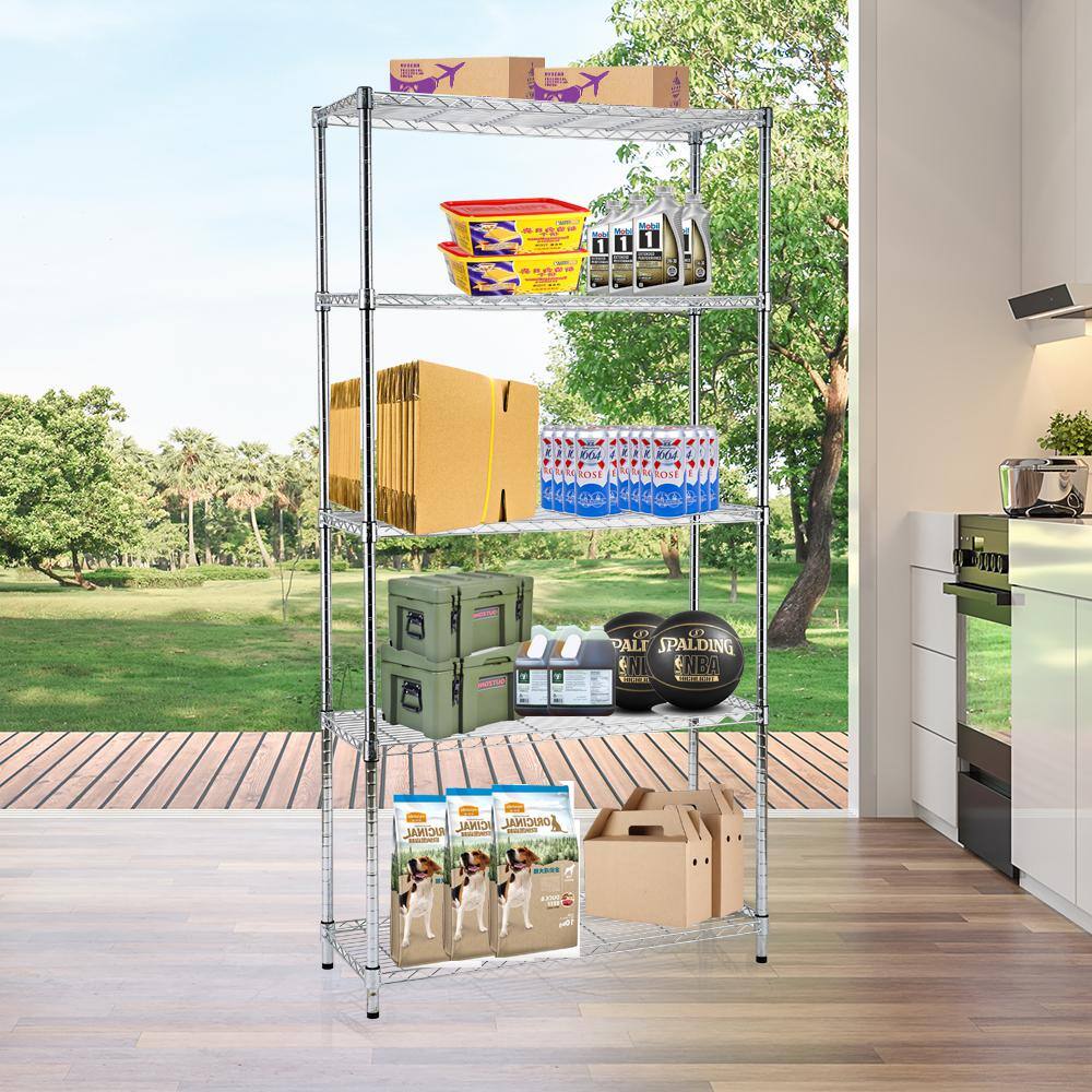 EFINE Chrome 5-Tier Heavy Duty Metal Wire Garage Storage Shelving NSF Certified 1 in. Pole (36 in. W x 72 in. H x 14 in. D) RL33652