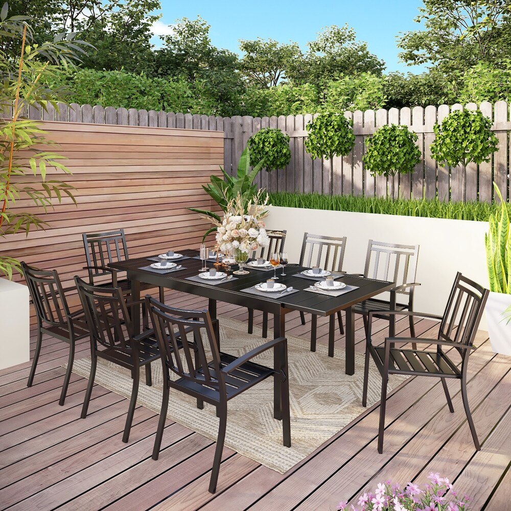 7/9 Pieces Patio Dining Set with E coating 8 Metal Stackable Chairs and 1 Expandable Rectangle Table