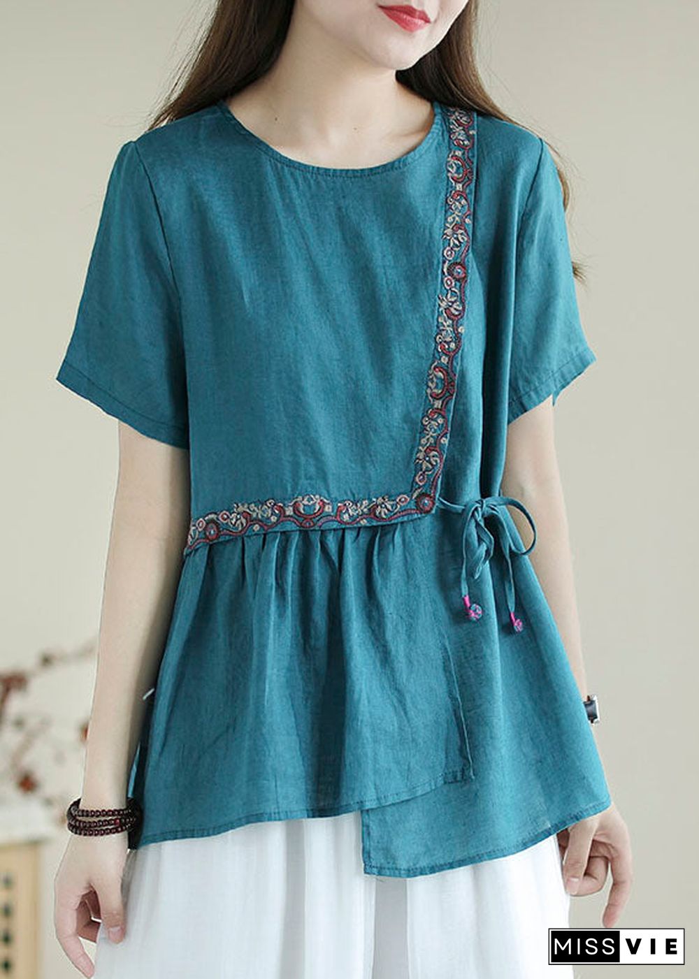 Bohemian Blue Embroideried  Shirt Top Short Sleeve