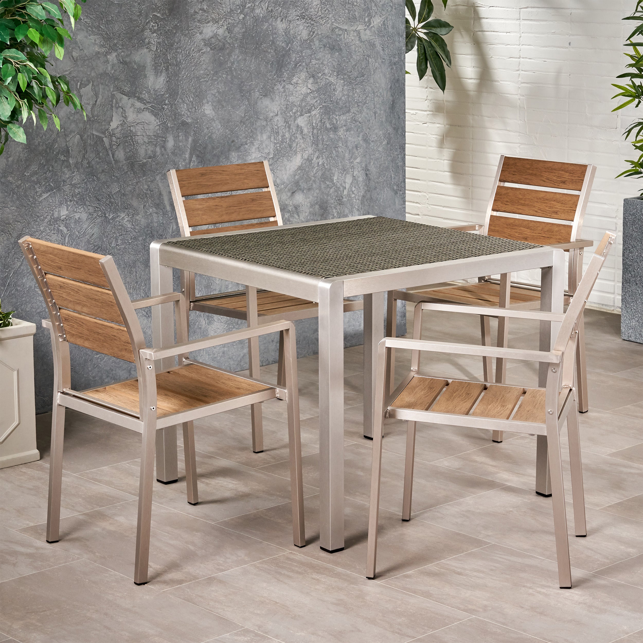 Cherie Outdoor Modern Aluminum 4 Seater Dining Set with Faux Wood Seats and Wicker Table Top