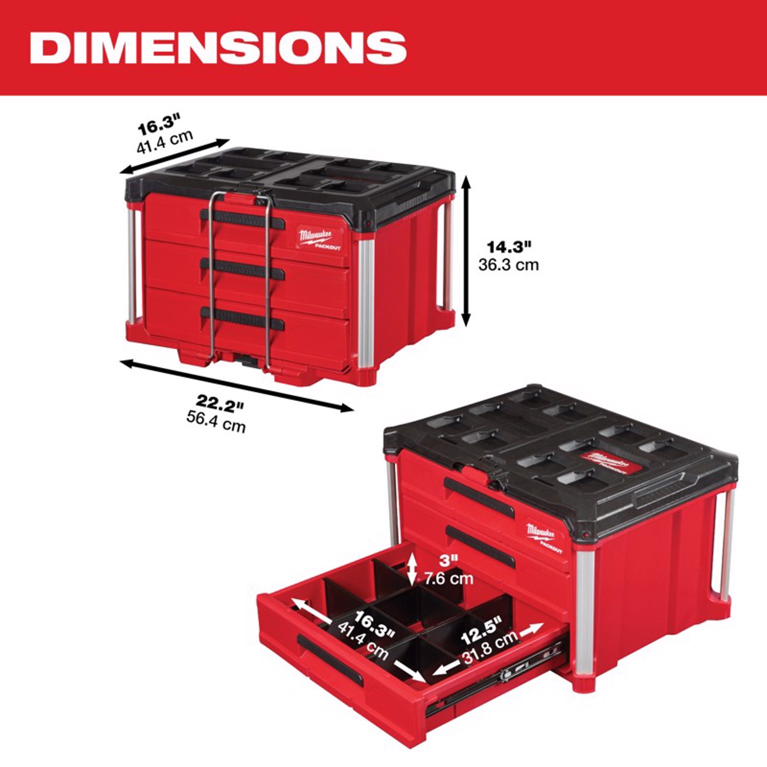 Milwaukee Packout 16.3 in. 3-Drawer Tool Box Black/Red