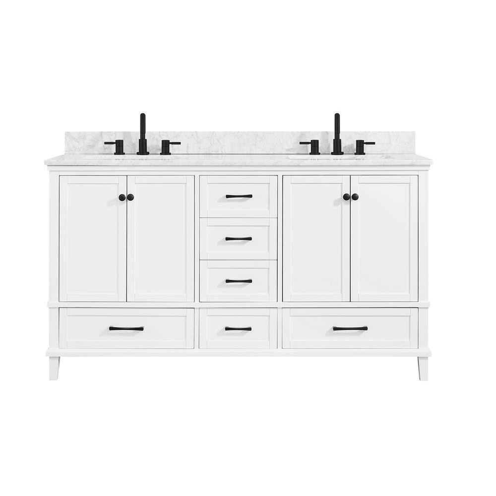 Home Decorators Collection Merryfield 61 in. W x 22 in. D x 35 in. H Freestanding Bath Vanity in White with Carrara White Marble Top 19112-VS61-WT