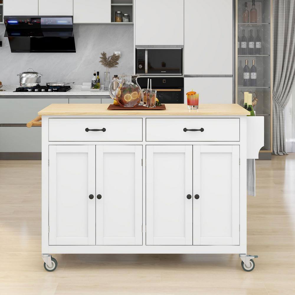 HwoamneT 54.3 in. W White Kitchen Island Cart with Solid Wood Top Locking Wheels 4-Door Cabinet 2-Drawers Spice Rack Towel Rack SH#WF286911WH