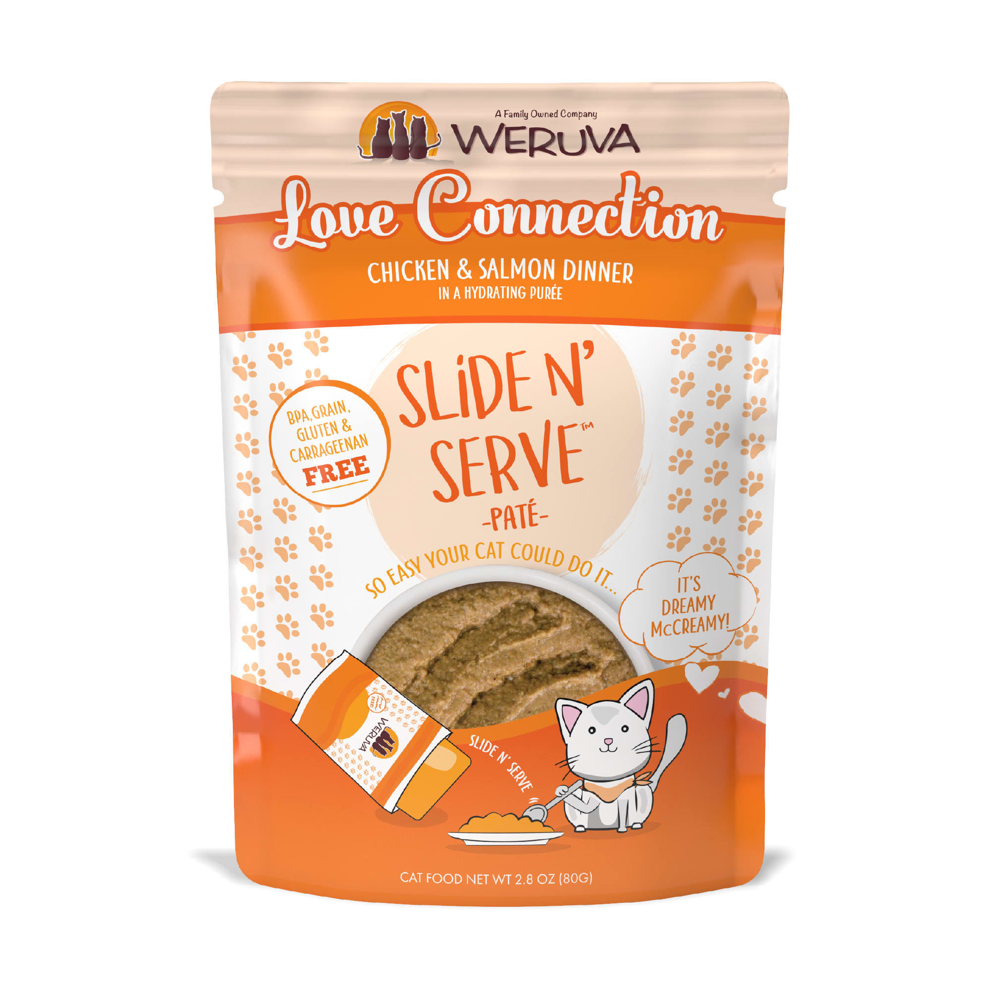 Weruva Pate Love Connection Chicken  Salmon Dinner in a Hydrating Puree Wet Cat Food， 2.8 oz.， Case of 12