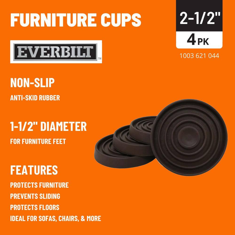 Everbilt 2-12 in. Brown Round Smooth Rubber Floor Protector Furniture Cups for Carpet  Hard Floors (4-Pack) 4654044EV