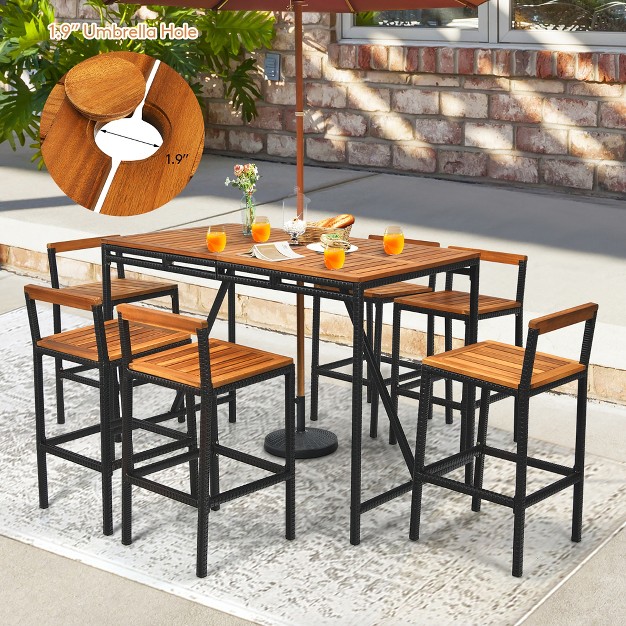 Costway 7pcs Patio Rattan Bar Set Acacia Wood Frame Stools Table Umbrella Hole