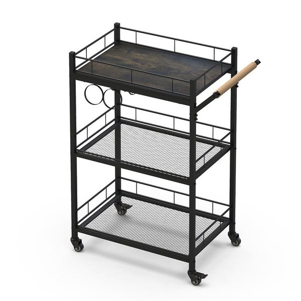 3 Tier Metal Rolling Storage Cart， Kitchen Server Cart Pantry Cart with Wheels Wood Look Top， Mesh Shelves，Rolling Utility Cart