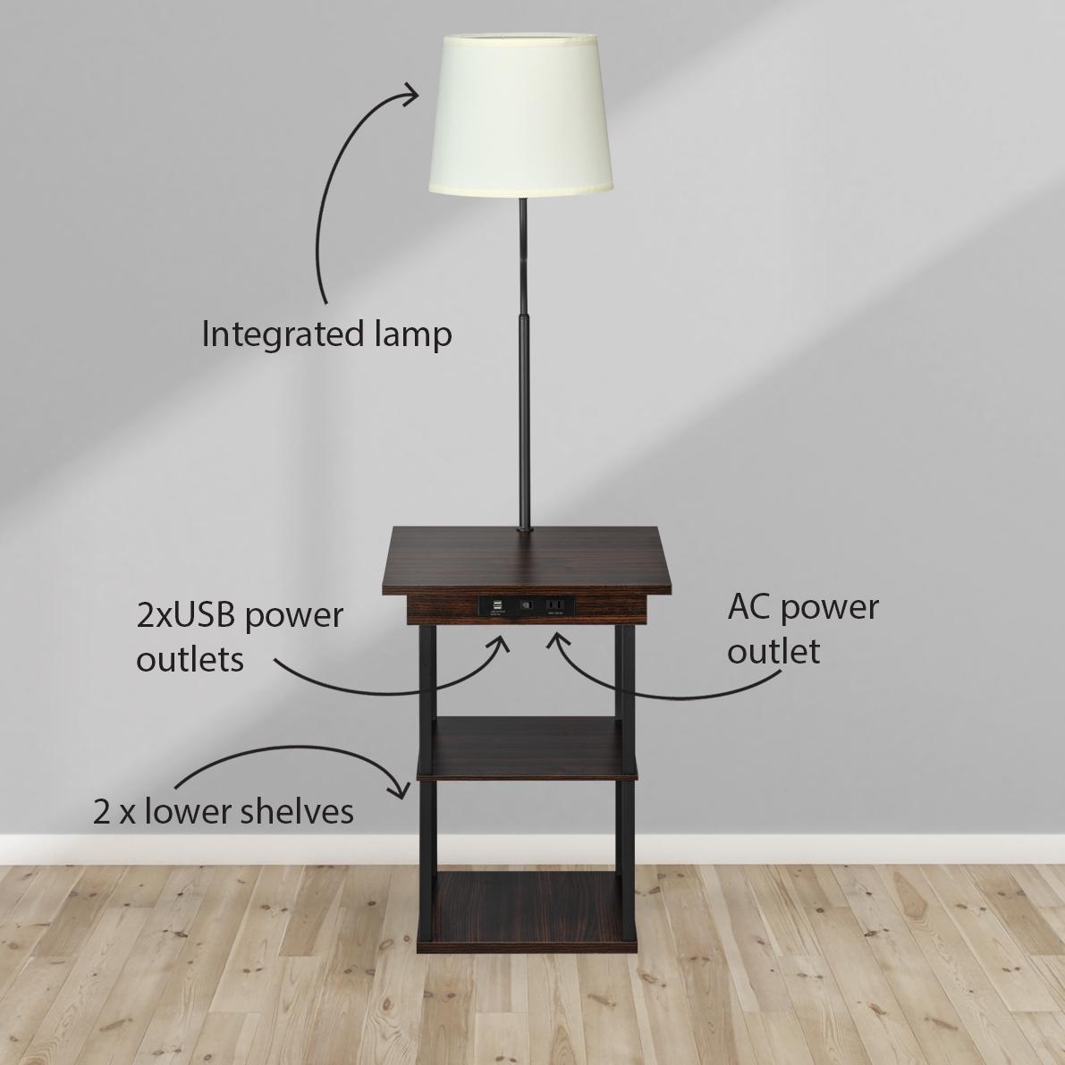 DPI DecorTech Square End Table with Lamp， AC Power and USB Charging Ports， Walnut