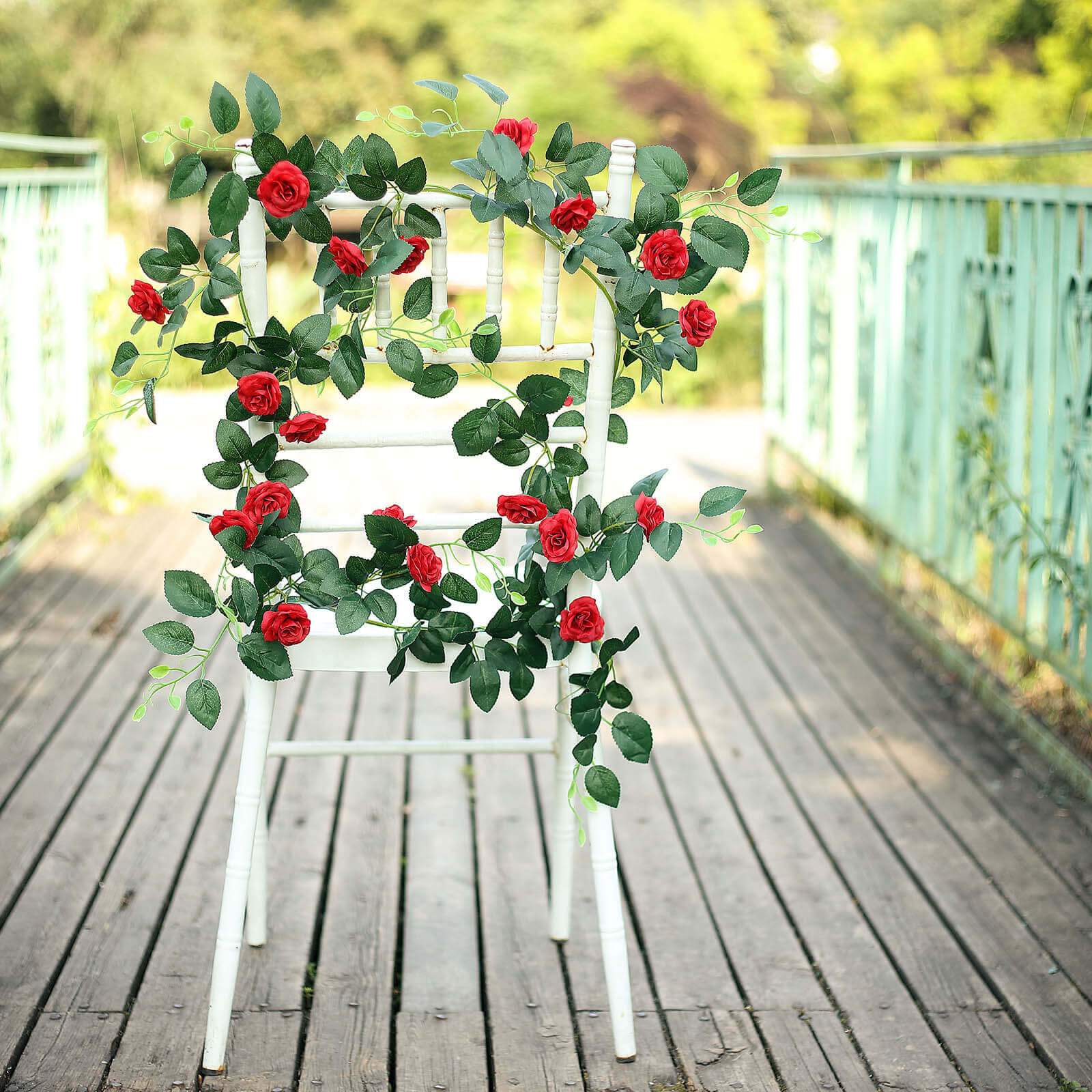 20 Red Artificial Silk Roses Flower Garland, Hanging Vine 6ft