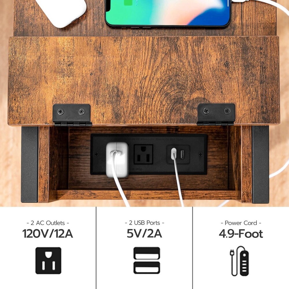 Side Table with Charging Station  Narrow Nightstand with Drawer   USB Ports   Power Outlets  End Table for Small Spaces