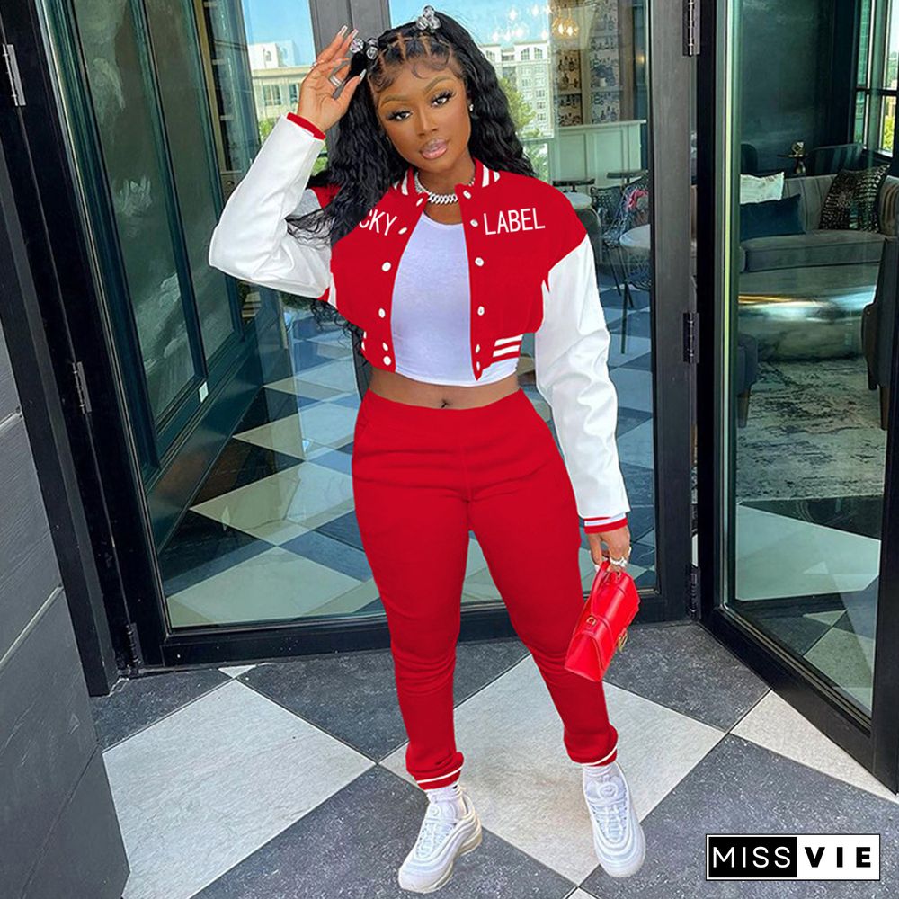 Letter Print Baseball Jacket Sporty Pants Set