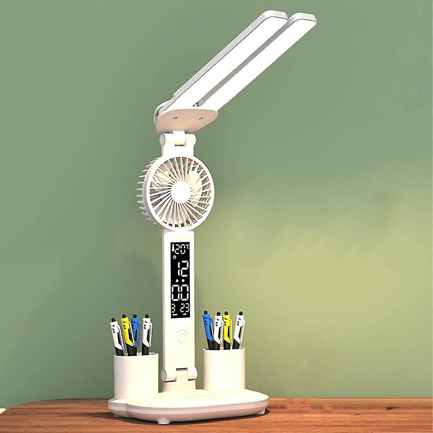 Table Lamp For Kids Led Desk Lamp With Fan Foldable Table Lamps With Clock Date Temperature Eye Care Study Reading Lamp