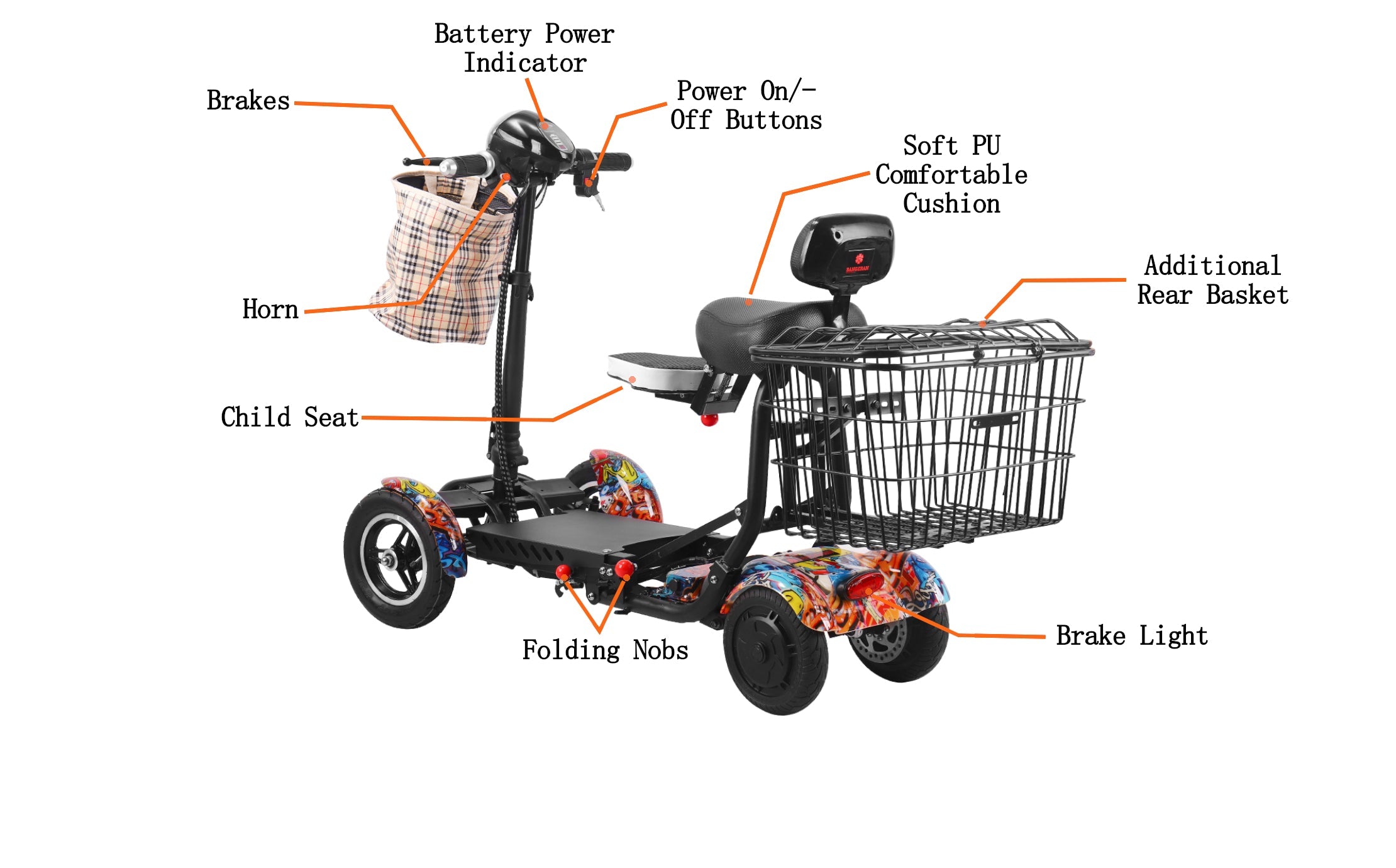 Foldable Double Seats Electric Power Scooter with Stab Resistant Tires 63 lbs Hiphop Color