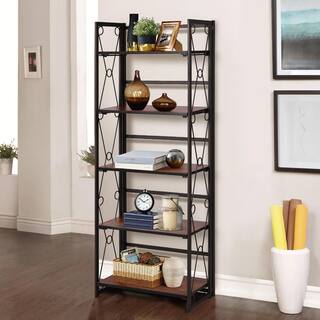 VECELO 5 Shelf Bookcase No-Assembly Folding-Bookshelf Industrial Standing Racks Study Organizer with Metal Frame ，Brown 1 KHD-XJM-B01