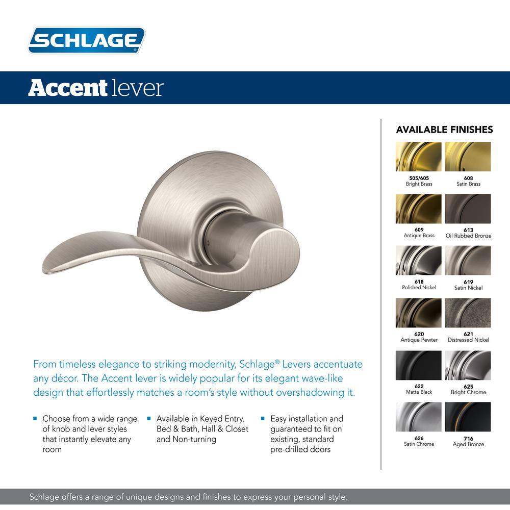 Schlage Accent Satin Nickel Privacy BedBath Door Handle F40 V ACC 619