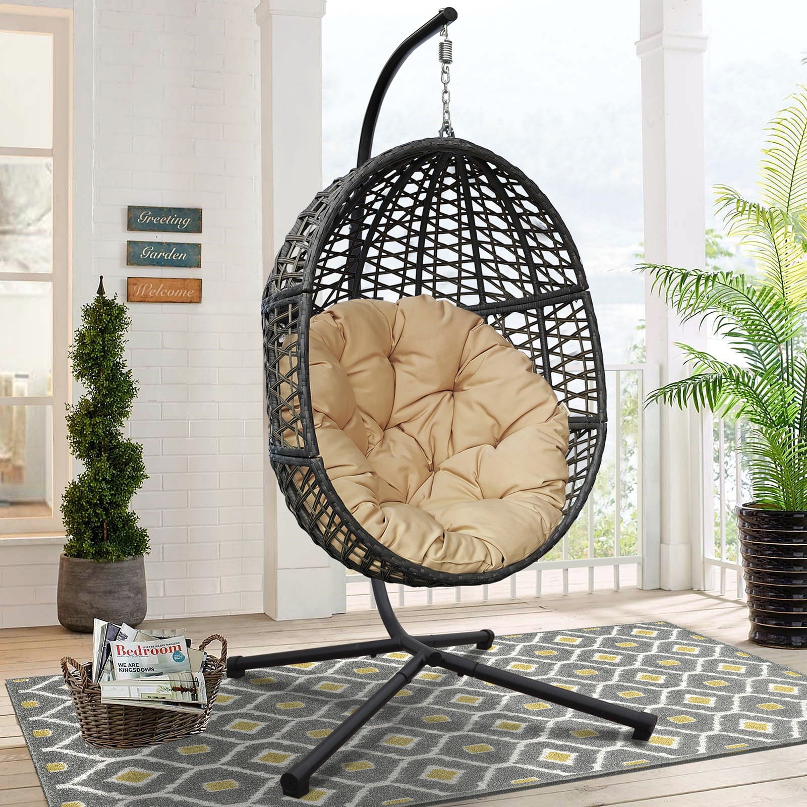 Arttoreal Wicker Basket Swing Chair, Hanging Egg Chairs with Durable Stand and Waterproof Cushion for Outdoor Patio, Khaki