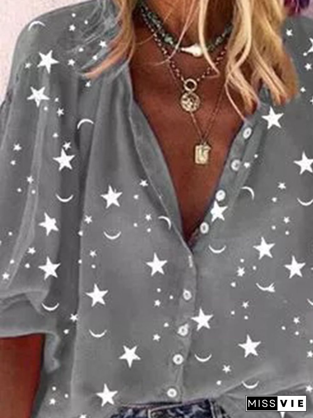 Gray Star&Moon Printed Stand Collar Half Sleeve Casual Shift Tops