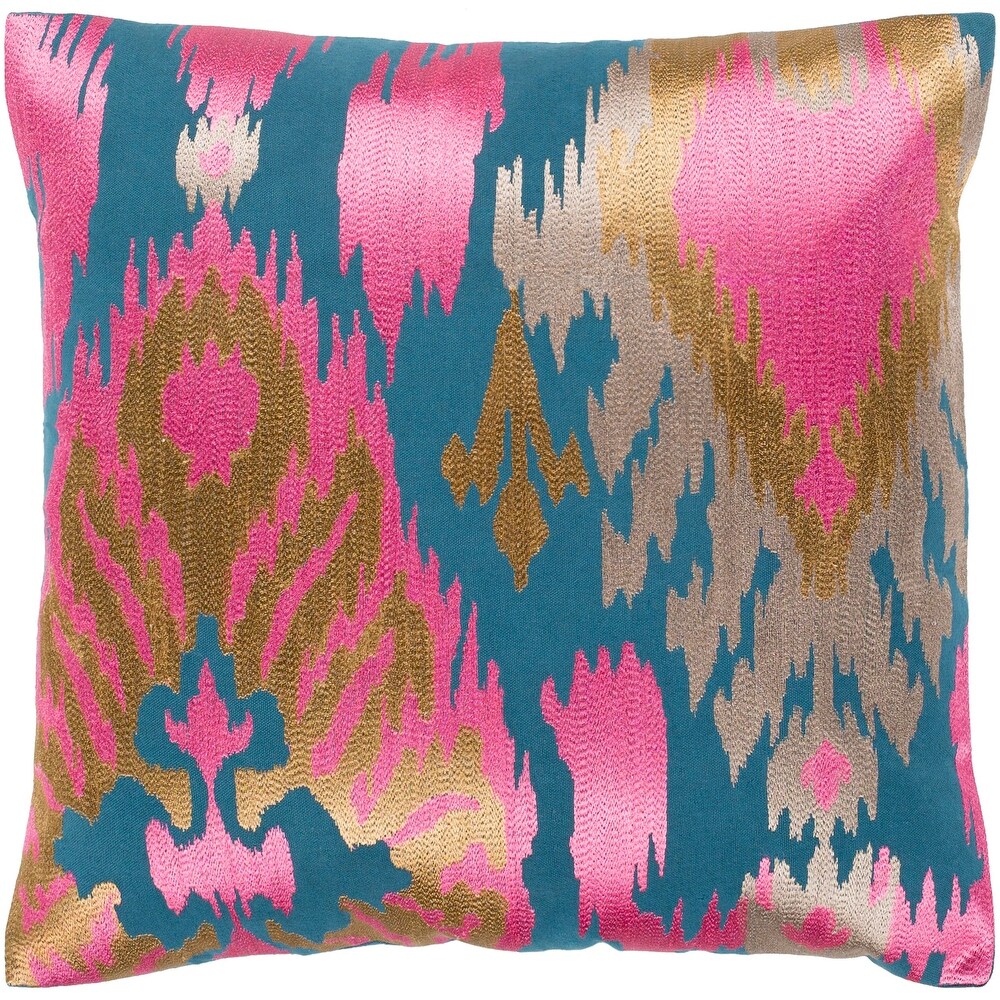 Dobra Teal   Pink Embroidered Ikat Throw Pillow Cover (18\