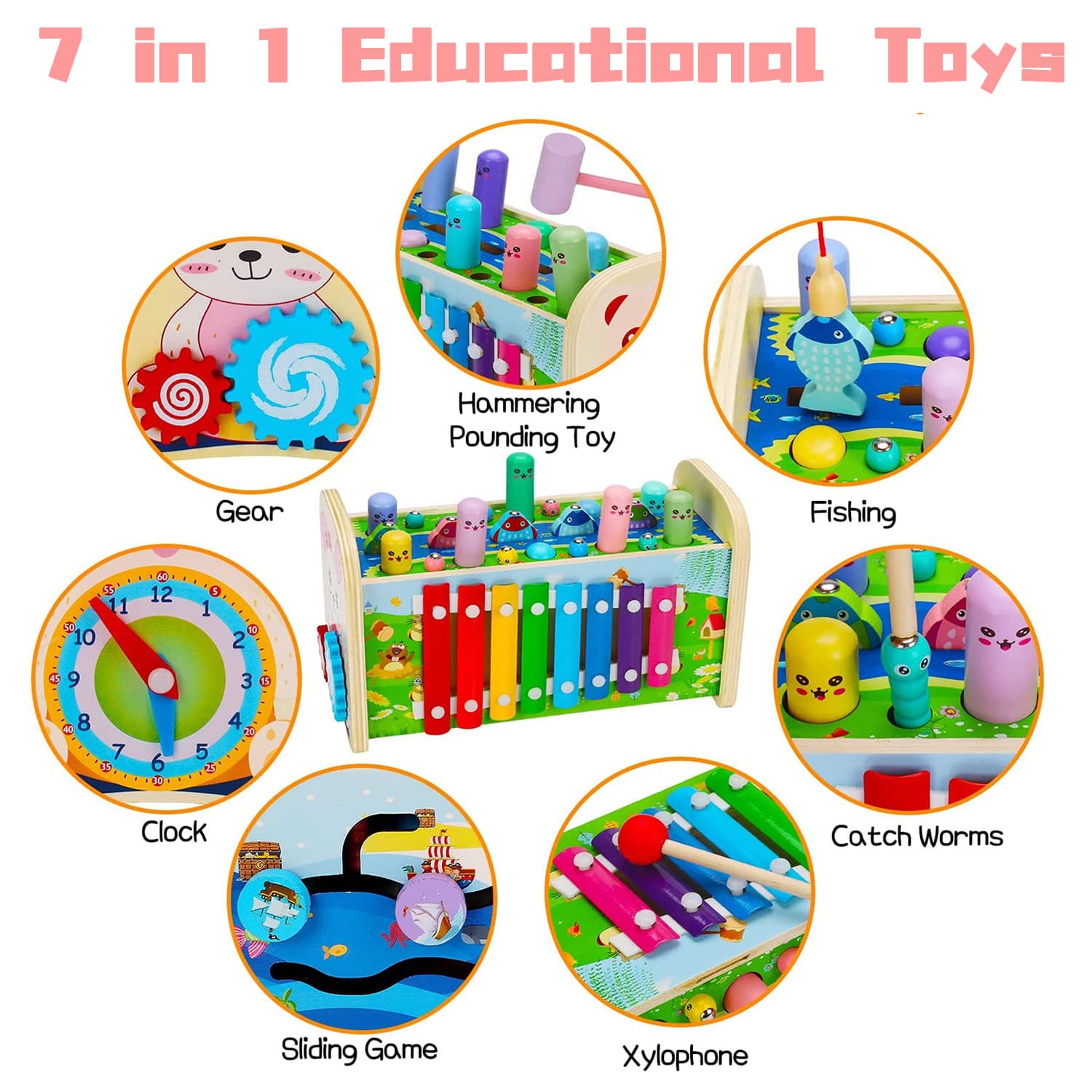 Baby Toys for 12-24 Months，  7 in 1 Wooden Hammering Pounding Toys， Montessori Early Development Toys