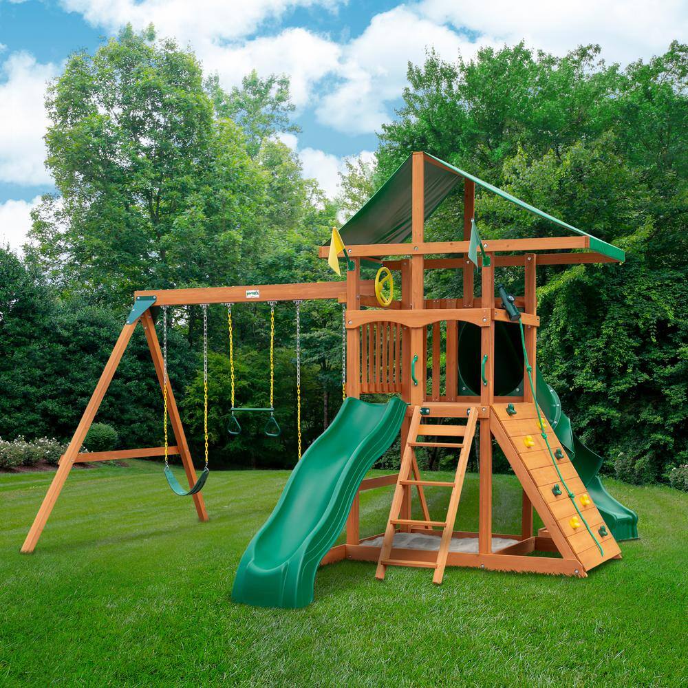 Gorilla Playsets Outing III Wooden Outdoor Playset with Tube Slide Wave Slide Rock Wall Sandbox and Backyard Swing Set Accessories 01-1073