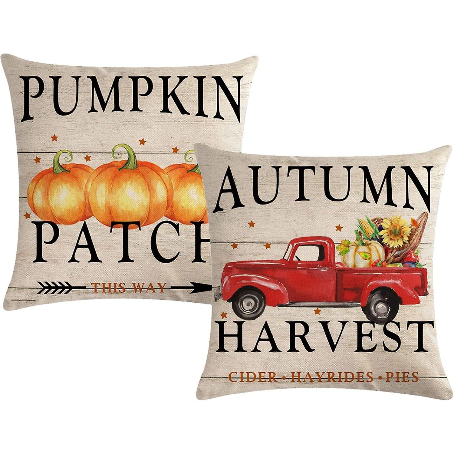 Set Of 2 Pumpkin Throw Pillow Covers Retro Red Truck Autumn Harvest Cushion Cover Farmhouse Decorative Cotton Linen Pillowcases 18