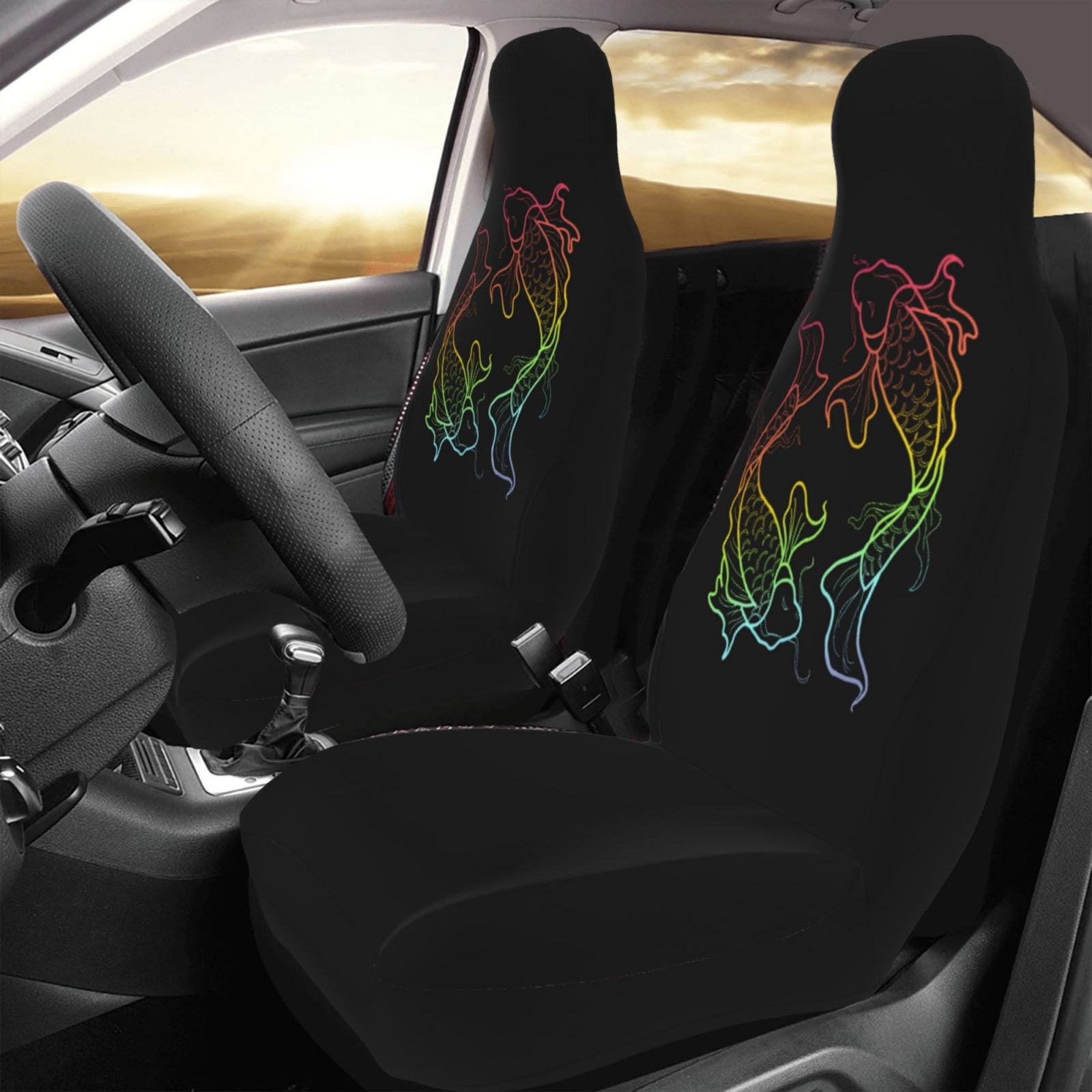 TEQUAN Front Seat Covers， Rainbow Koi Fish Pattern 2 Piece Car Seat Cover Fit Most Car SUV Truck Van