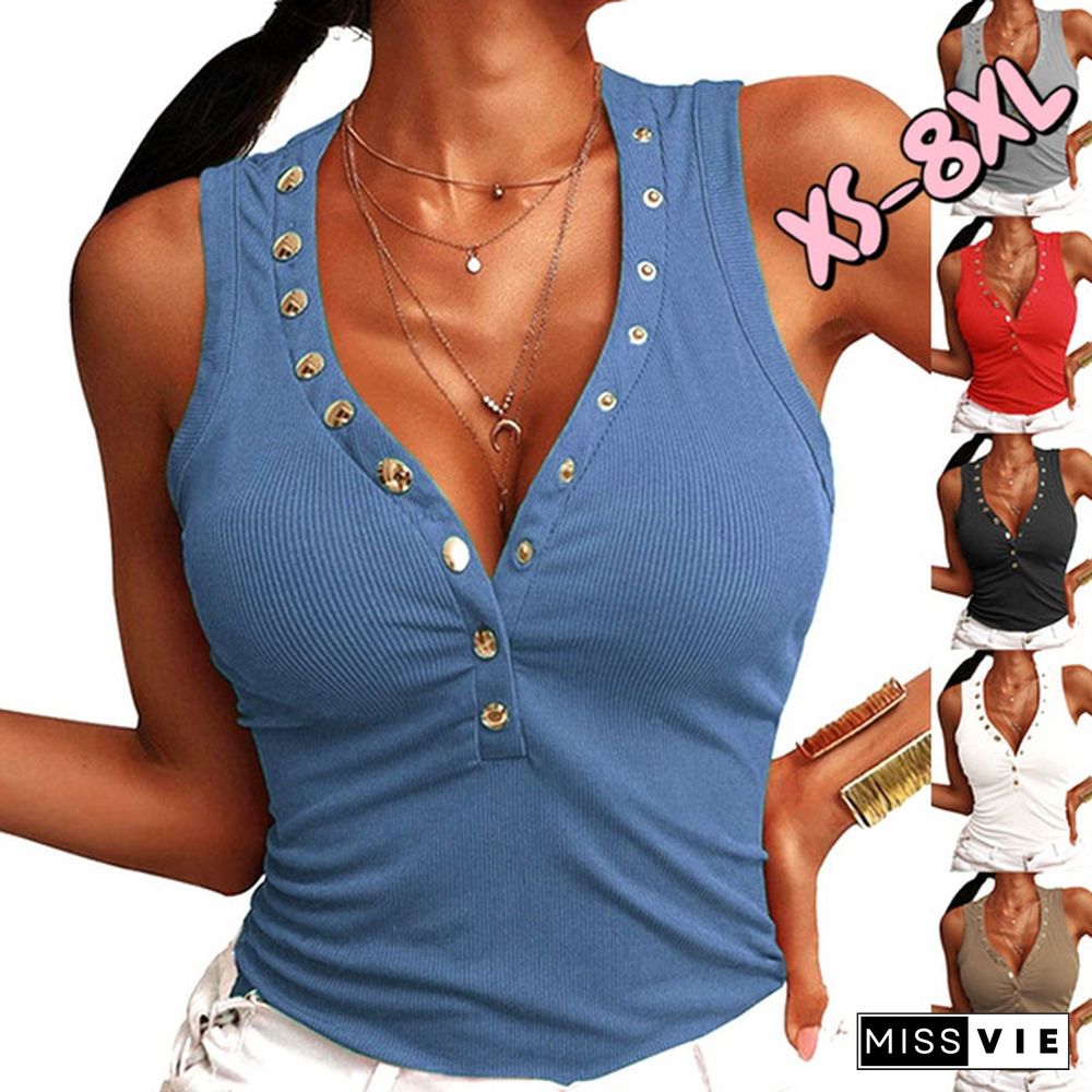 XS-8XL Plus Size Fashion Clothes Women's Summer Tops Casual Sleeveless Tank Tops Solid Color Knitted Tops Ladies V-neck Blouses Slim Fit Club Wear Button Up Camisole Shirts Beach Wear Off Shoulder Vest Bodycon Shirts Loose Tank Tops