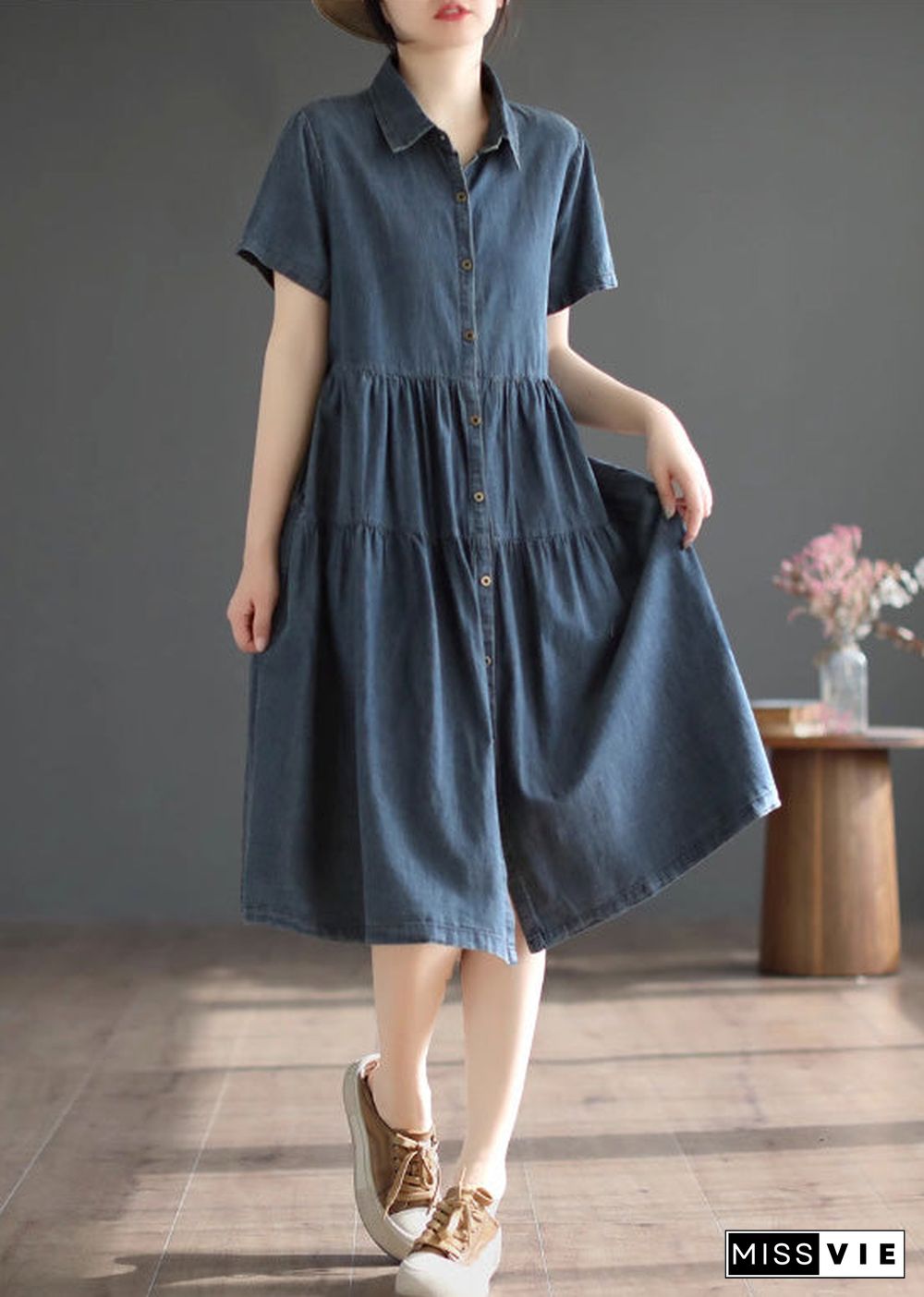 Retro Blue Patchwork Solid Silk Vacation Denim Long Shirt Dresses Summer