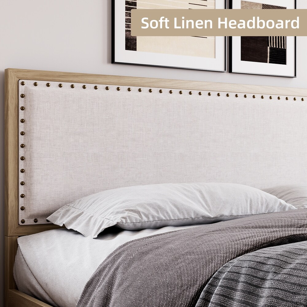 Upholstered Platform Bed with Linen Headboard and Footboard