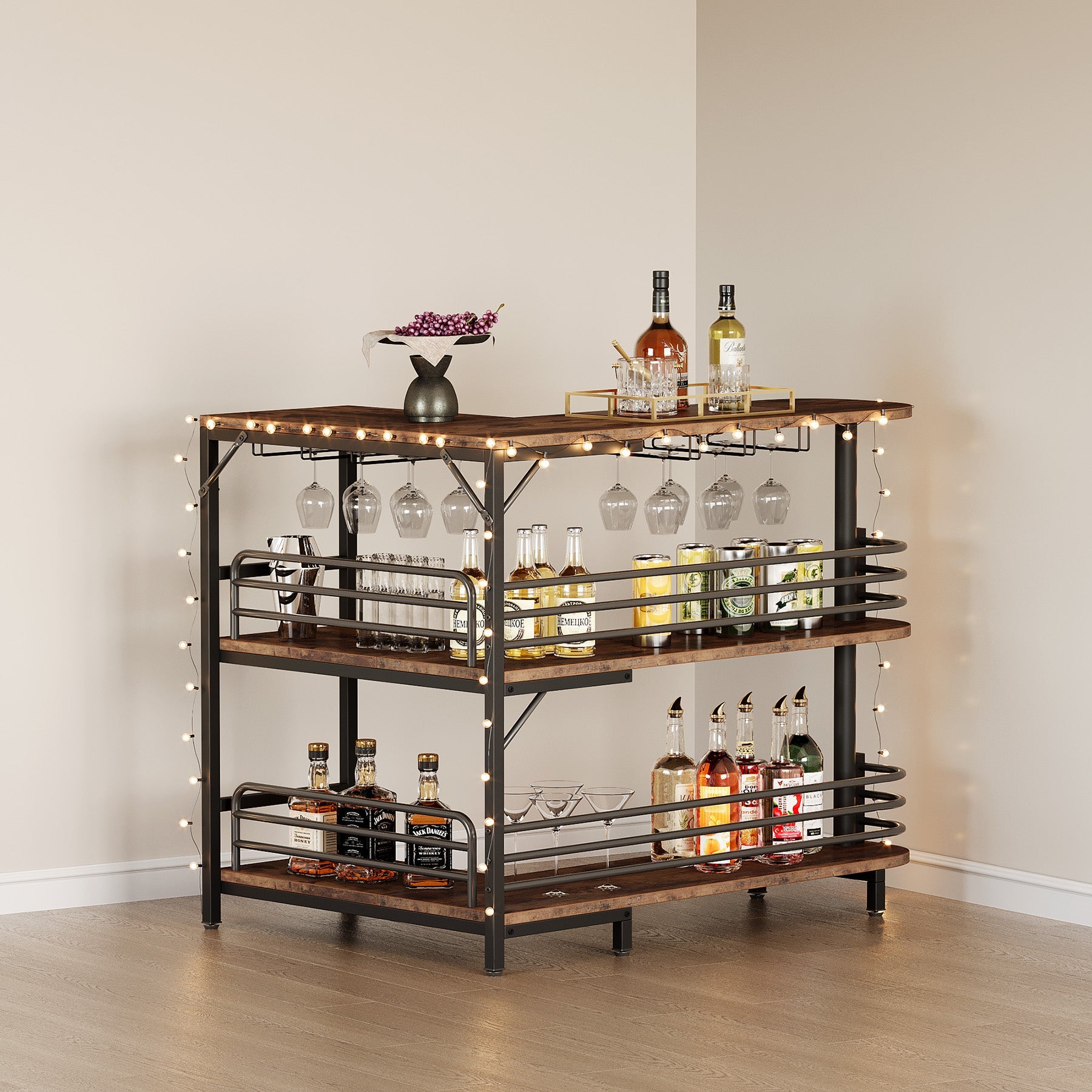 L-Shaped Bar Unit, 3 Tier Liquor Bar Table with Wine Glasses Holder