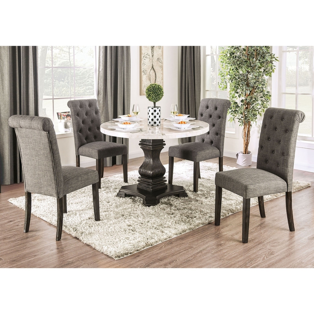 Brec Rustic Marble Top 5 Piece Round Dining Table Set with Tufted Chairs by Furniture of America