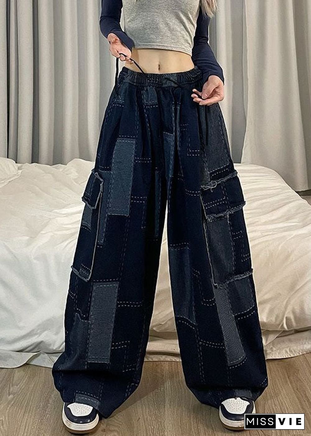 Italian Blue Pockets Patchwork Denim Wide Leg Pants Spring