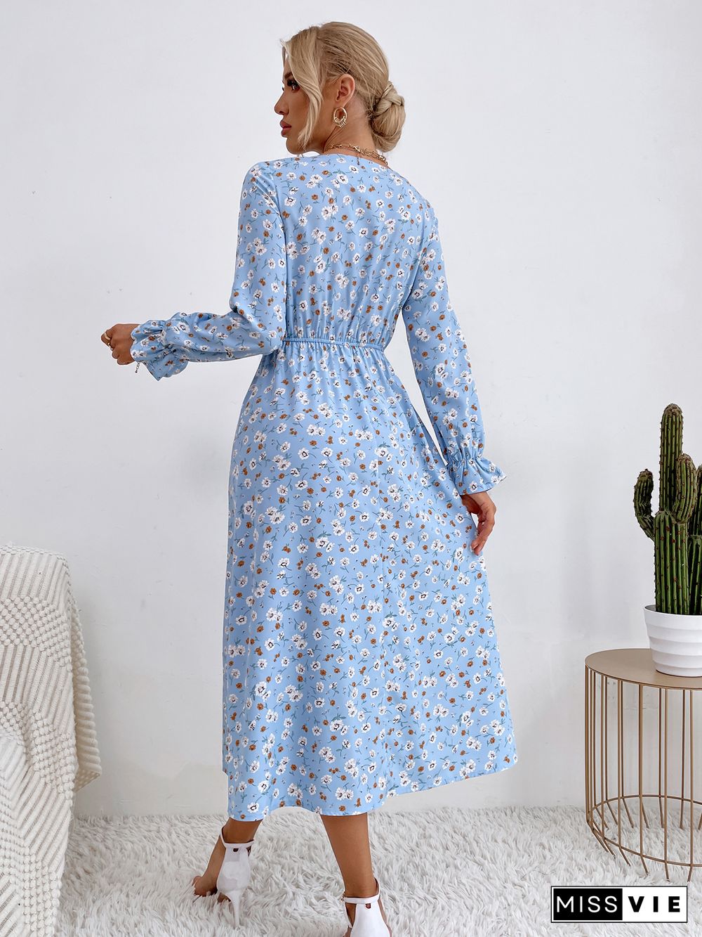 Elegant Women Floral Print Dress Casual Temperament Sweet Single-breasted V-neck Full Flared Sleeve Chic A-line Midi Dress