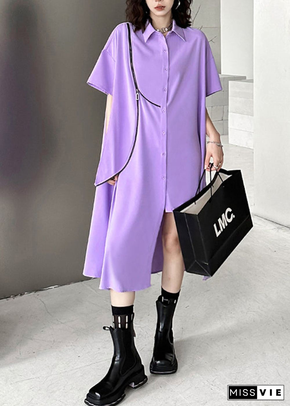 Unique Purple Asymmetrical Zippered Patchwork Chiffon Shirts Dresses Summer