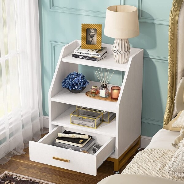 White Nightstand Bedside Table for Bedroom Modern Night Stands with Drawer and Storage Shelves - - 35448011