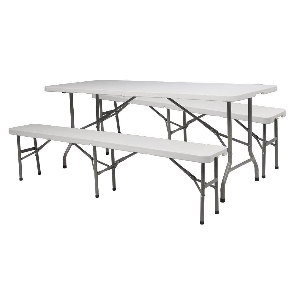 VINGLI 6 ft 3-Piece Portable Picnic White Table Bench Set， Weather-Resistant Plastic Folding Camping Beer Table w/Carrying Handles， for Family Garden Patio Outdoor Activities Use