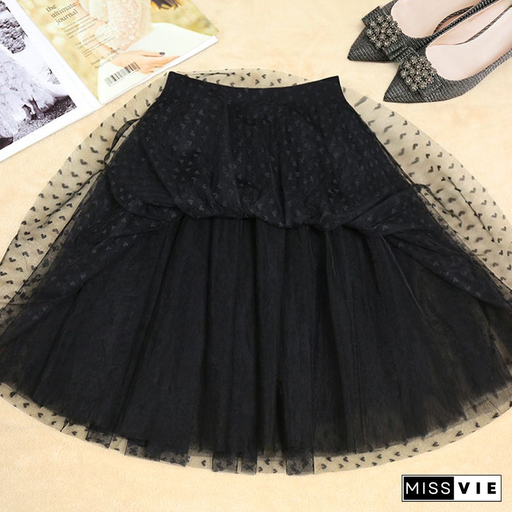 Women Black Dot tulle Box Pleats Skirts Summer