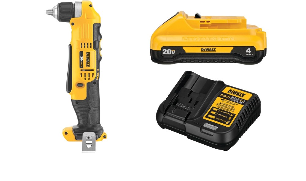 DEWALT 20V MAX 3/8 Right Angle Drill/Driver with Compact 4Ah Battery Starter Kit Bundle ;